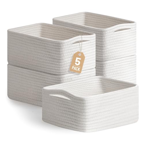 5 Pack Small Woven Storage Baskets for Shelves, Gift Baskets Empty | 11.8"x7.9"x4.7", Decorative Cotton Rope Baskets Organizer, Cute Storage Bins for Organizing Bathroom, Closet, Nursery, White - color: White