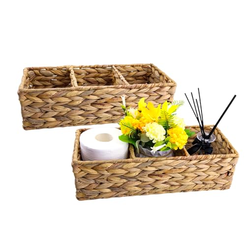 2 Pack 3-Section Woven Water Hyacinth Baskets Rectangular Storage Bins | Multi Compartment Desk Organizer for Countertop, Coffee Bar, Pantry and Toilet Tank Shelves