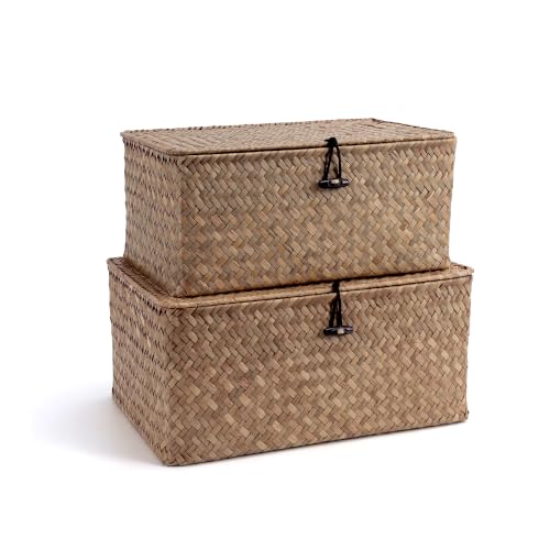 Nonam Storage Basket with Lid, Natural Seagrass Bin with Lid Set of 2, Shelf Baskets Multipurpose Container for Boho Decoration, Rectangular Household Storage Boxes for Home Organization-Coffee - color: Coffee-S+M