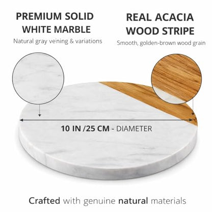 White Marble Board, 10 Inches | Cheese Board, Acacia Wooden Serving Tray, For Charcuterie, Cheese, Meats, Fruit, Crackers, Cutting Board, Round Slab - color: White, size: 10"L x 10"W