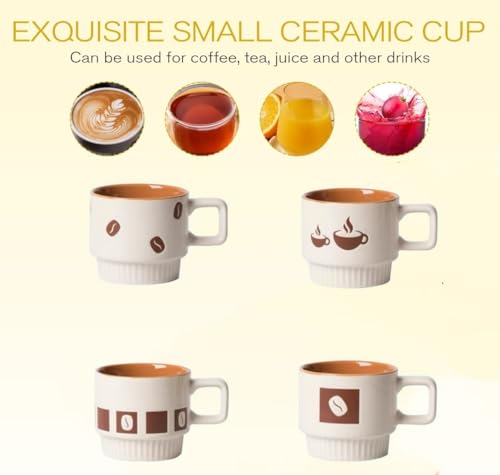 Ceramic Stackable Coffee Mugs, Beige&Brown, Set of 4 | for Au Lait, Cappuccino,Latte,Cafe,Mocha,Tea, Geometric Pattern Cups Suit For Housewarming Wedding- - color: Brown