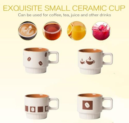 Ceramic Stackable Coffee Mugs, Beige&Brown, Set of 4 | for Au Lait, Cappuccino,Latte,Cafe,Mocha,Tea, Geometric Pattern Cups Suit For Housewarming Wedding- - color: Brown
