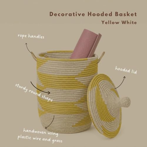 Decorative African Hooded Basket with Lid and Handles, 15" Wide, 19" Tall (Yellow White) - color: Yellow White