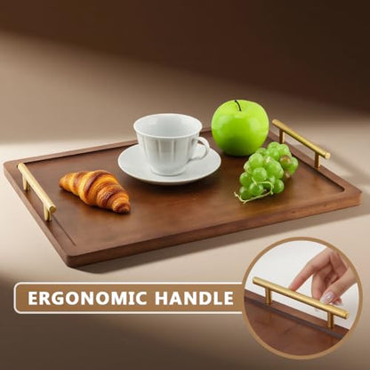 Wood Serving Tray with Metal Handles,Decorative Serving Tray, Food Drinks Tray for Breakfast, Coffee Table, Dinner & Bar, Kitchen, Bedroom (Brown)