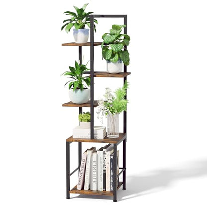 Plant Stand Indoor with Grow Light, 5-Tiered Tall Plant Stand Indoor, Metal Plant Shelf with Bookshelf Bookcase and Adjustable Light, Ideal for Living Room, Reading room, Garden, Patio (Brown)