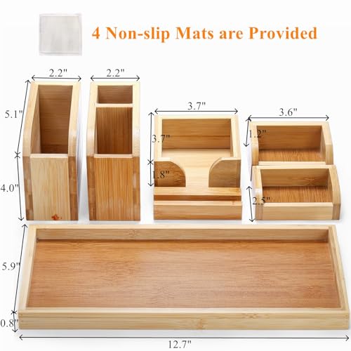 Cididu Bamboo Vanity Tray, 7 Pieces Adjustable Pen Holder Stationery Caddy, Bathroom Vanity Organizer Set, Sturdy Countertop Desk Tray Storage Boxes Office Supplies for Makeup Small Items Home Kitchen