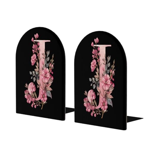 Wood Book Ends for Shelves Pink Flower Alphabet J On Black Bookends for Heavy Books CDs Organizer Decorative Wooden Book Stopper Holders for Home Office Desk,6.7x4.2x4in Set of 2 - color: Floral J, size: 6.7x4.2x4inx2PCS