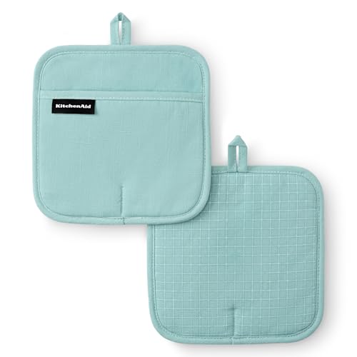 KITCHENAID Gourmet Series Gridlines Pot Holders 2-Pack Set, Heat Resistant up to 600°F, Soft Silicone Grip, Magnetic Cuff, Mineral Water Aqua, 8"x8" - color: Mineral Water Aqua