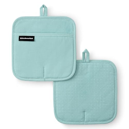 KITCHENAID Gourmet Series Gridlines Pot Holders 2-Pack Set, Heat Resistant up to 600°F, Soft Silicone Grip, Magnetic Cuff, Mineral Water Aqua, 8"x8" - color: Mineral Water Aqua