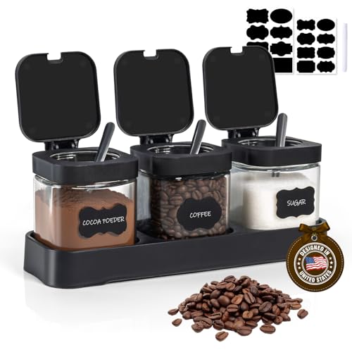 Glass Coffee Containers Set, 3 Pcs, Black | Coffee Station Storage Set with Lids, Spoons and Bases, Includes Stickers and Pen, Storage Jars for Sugar, Coffee, Spices