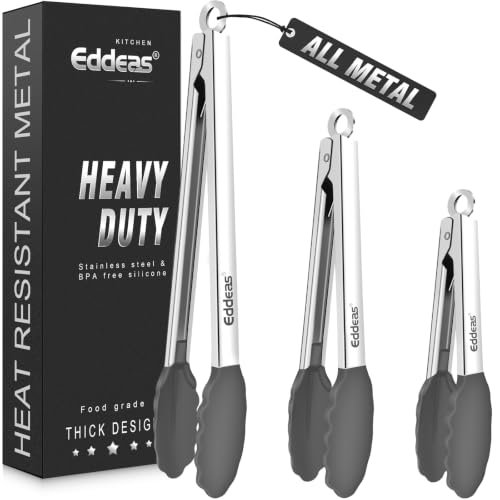 Tongs For Cooking - Silicone Metal Kitchen Tong 7" 9" & 12" Grey | 600°F Heat Resistant Silicone Tong, All Metal handle Locking Tongs with Silicone Tips, Heavy Duty Stainless steel - color: Grey Silicone Tip 3PCS, size: 7+9+12 inch