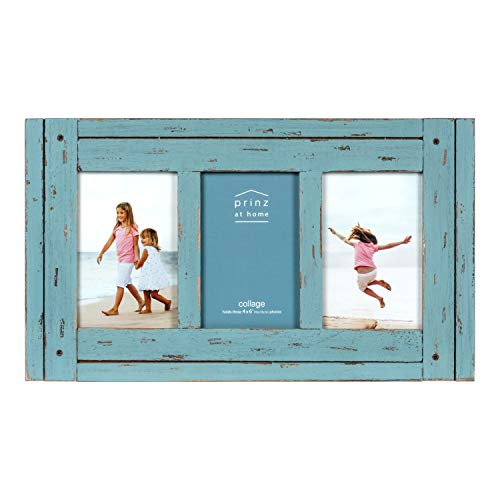 Prinz Homestead Blue 3-Opening Collage Picture Frame 4x6 Photos - Distressed Wood Two-Way Easel Wall Tabletop Display - color: Distressed Blue