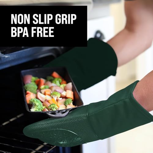 BPA-Free Silicone Oven Mitts Ultra Heat Resistant up to 500°F - Oven Mitts with Thick Cotton Liner - Long Slip Resistant Pot Holders, Flexible Oven Gloves - Green 13.7" - color: Green, size: 2-Piece 13.7" Oven Mitts