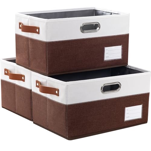 Foldable Storage Bins with Handles [3-Pack] Fabric Collapsible Storage Boxes Baskets Cubes Containers with Handles for Closet Living Room Bedroom (Brown & White 14.9x9.8x8.3'') - color: Brown & Cream, size: Large(3-Pack)