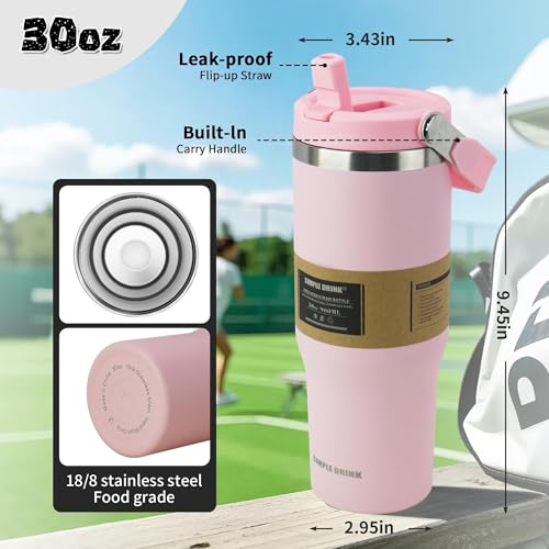 30oz Flip Straw Insulated Tumbler with Handle, Leak Proof Stainless Steel Water Bottle, Double Wall Vacuum Travel Coffee Mug for Cold Drinks, Gym Office Travel Essentials - color: Pink