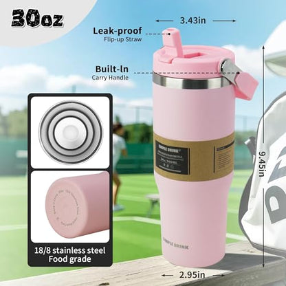 30oz Flip Straw Insulated Tumbler with Handle, Leak Proof Stainless Steel Water Bottle, Double Wall Vacuum Travel Coffee Mug for Cold Drinks, Gym Office Travel Essentials - color: Pink