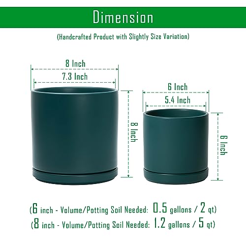 D'vine Dev 2-Pack Ceramic Pots with Saucers, 6/8 in, Teal, 94-G-M-9 | Glazed Ceramic, Drainage Hole, Perfect-Fit Saucer, Sleek Cylinder Shape, High Temperature Fired, Elegant Home Accent - color: Teal, size: Medium