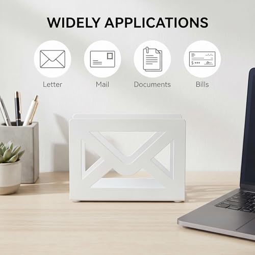 MyGift White Metal Desktop Mail Holder with Cutout Envelope Design Home and Office Desk Letter Organizer - color: White