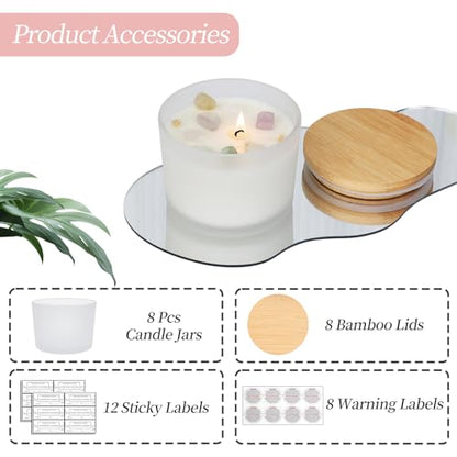 CONNOO 8 Pack 12 OZ Frosted Glass Wide Mouth Candle Jars | Airtight Bamboo Lids, Sticky Warning Labels, Empty Container Bulk, Dishwasher Safe - color: Frosted
