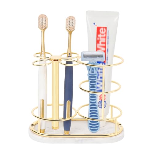 Toothbrush Holder Stand for Bathroom, Metal Toothbrush Organizer with Marble Base, Toothbrush Storage Collection for Family, Suitable for Home Hotel Countertop Vanity (Medium, Gold) - color: Gold, size: Medium