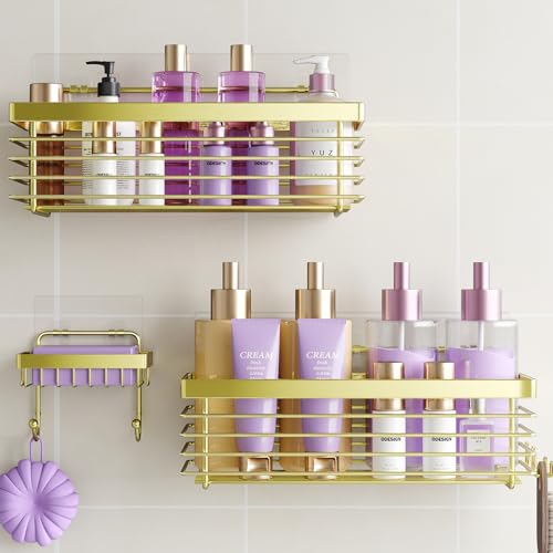 ODesign Shower Caddy Adhesive 3 Pack Stainless Steel Storage Shelves-Golden | No drilling wall mounted,rust-resistant,large capacity,quick drainage,easy to clean,suitable for bathrooms and kitchens - color: Golden
