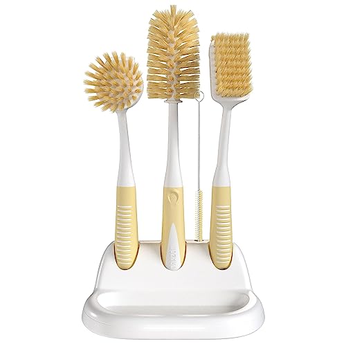 Dish Brush Set of 5 with Holder - Kitchen Scrub Brushes with Non-Slip Long Handle for Cleaning, Scrubber, Dishwashing, Dishes, Bottles, Straws, Cups, Pots & Sink, Baige - color: Baige