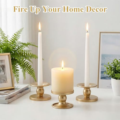 Gold Candle Holders Set of 6, Reversible Pillar Candle Holder and Taper Candles Stand, Metal Table Centerpiece for Wedding Dining Room Holiday Decor