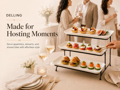 DELLING 3 Tier Serving Tray for Dessert Table Display, 12 Inch Porcelain Tiered Serving Stand - White Serving Platters for Party Entertaining, Collapsible Stand for Baby Shower Birthday Wedding - size: 12 Inch