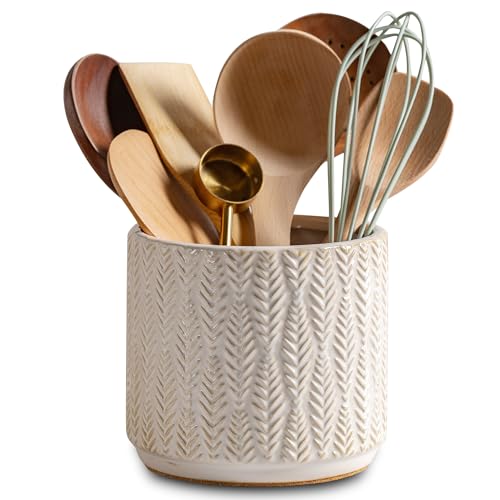 Utensil Holder Rustic Farmhouse Ceramic Utensil Crock for Countertop 5.3-Inch Handcrafted Kitchen Cooking Utensil Crocks with Cork Base Kitchen Decor Utensil Caddy(Pure White) - color: White