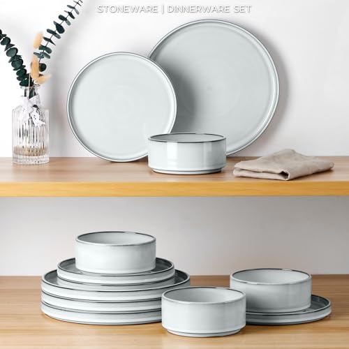 Onader Stoneware Dinnerware Sets, 12 Piece Plates and Bowls Dish Sets for 4, Ceramic Dishware Dining Ware with Rustic Terracotta Bottom - Glacier White - color: Glacier White