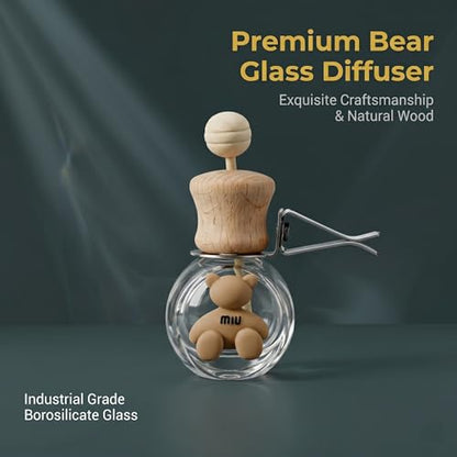 2 Pack Bear Car Vent Clip Diffuser Refillable Empty Glass Bottle | Wood cap glass diffuser with dropper, DIY essential oil freshener for car wardrobe bathroom home - size: Bear-A5 - 2PCS
