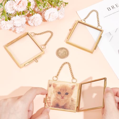 OLYCRAFT 6Pcs 2.1x2.1 Inch Gold Mini Glass Hanging Frame with Chain | Metal Picture Frames, Double Glass Floating Frames, Wall Hanging Artwork Display Frame for Pressed Flowers Leaf and Artwork - size: 2.1x2.1 Inch