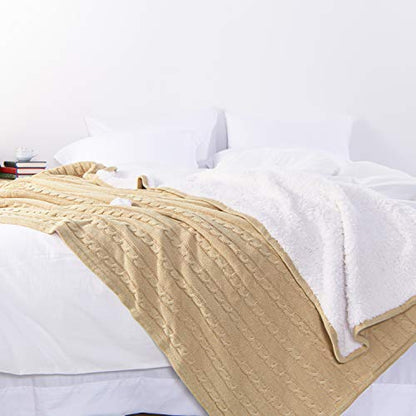 NTBAY Twin Cotton Cable Knit Sherpa Blanket, 60 x 80, Khaki | Cotton Cable Knit Front with Warm Sherpa Reverse, 60 x 80 Inch Twin Blanket for Bed, Sofa, and Cold-Weather Layering - color: Khaki