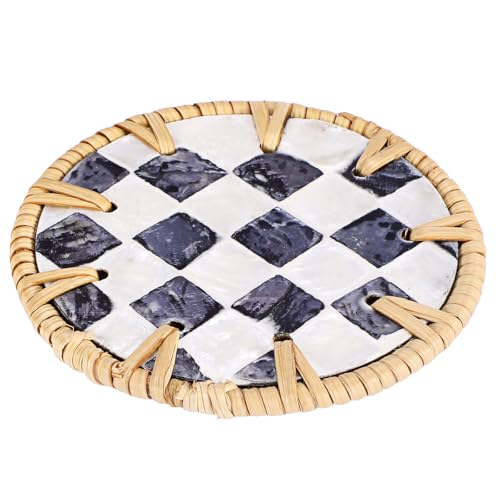 Boho Coastal Coasters Set of 6, Handwoven Rattan Coasters with Holder - Drink Coaster for Coffee Table, Boho Coaster for Home Decor, Rattan & Mother of Pearl, 4 Inch(Checkered Pattern) - style: Checkered Pattern