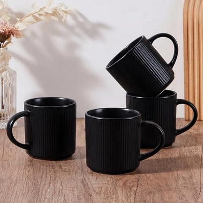 E-far Coffee Mugs Set of 4, 12 oz Stoneware Coffee Cups with Handle for Latte, Tea, Cocoa, Milk, Modern Ribbed Ceramic Mugs for Man Woman, Microwave & Dishwasher Safe, Matte Black - color: Matte Black