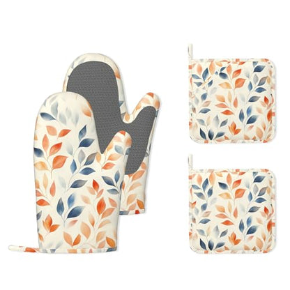 Autumn Leaves Heat-Resistant Silicone Oven Mitts and Pot Holder 4 Piece Set,Non-Slip Kitchen Oven Gloves for Baking, BBQ, Cooking,Grilling - color: Autumn Leaves