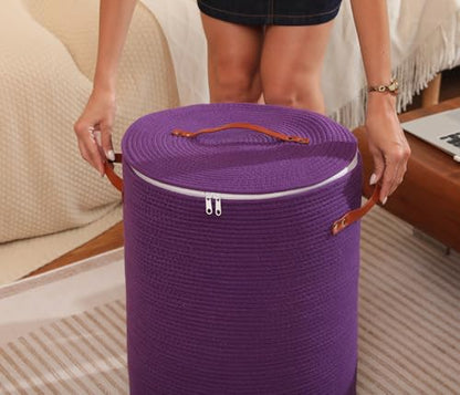 16"x20" Extra Large Cotton Rope Basket with Zipper Lid, Woven Laundry Hamper and Blanket Storage Basket, Round Clothes Bin for Living Room Bedroom, Purple - color: All Purple
