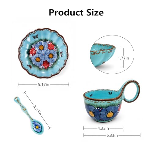 3 Piece Hand Painted Loop Handle Soup Bowl, Plate and Spoon Set,13.37oz Ceramic Cereal Cup for Coffee,Floral Bowl Set for Soup Snack Ice Cream Stew Microwave Dishwasher Safe (Blue) - color: Ocean Blue