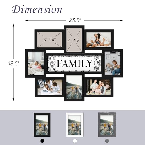 Jerry & Maggie Family Photo Frame 22x17, PVC Picture Frames Collage Wall Decor 9 Opening Wall Hanging For 6x4 Photos 8 Pack, No-Assembly 3D Design Waterproof Memorial Keepsake, Black | 22x17 no-assembly 3D waterproof PVC collage frame, 9 slots for 6x4 pho