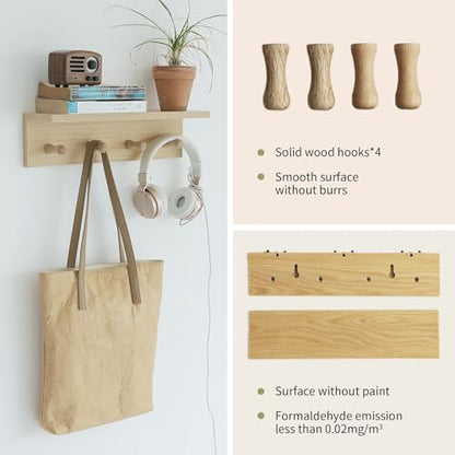 Small Entryway Shelf with Hooks, Wall Mounted Coat Rack with Shelf for Small Spaces, Wooden Floating Wall Organizer for Entryway, Mudroom, Nursery, Bathroom & Kitchen (Oak Finish) - color: Oak Finish