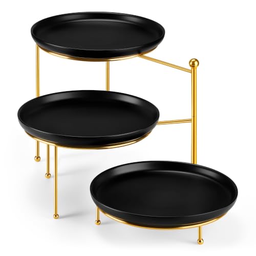 MALACASA Round 3 Tier Serving Tray, 10 Inch Black Porcelain Dessert Stand | Round Black Porcelain Trays with Gold Metal Rack for Cupcakes, Cakes, Fruit and Appetizers, MIcrowave,Dishwasher Safe - color: Black Gold
