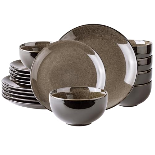 LERATIO Ceramic Dinnerware Sets for 6,18Pcs Stoneware Plates and Bowls Set | Handmade Reactive Glaze Ceramic Dishes Set,Oven & Microwave,Dishwasher Safe,Scratch Resistant - color: Dreamy Moonlight-Chestnut, size: Service for 6-18pcs