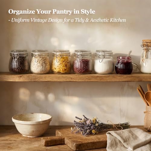 ComSaf Small Ribbed Glass Jars with Airtight Lids 17 oz 6 Pack Wide Mouth | Flour sugar coffee beans, Fermenting pickling, Farmhouse pantry decor, Jam jelly honey, Nuts snacks spices, Kitchen storage - size: 17oz*6-Ribbed