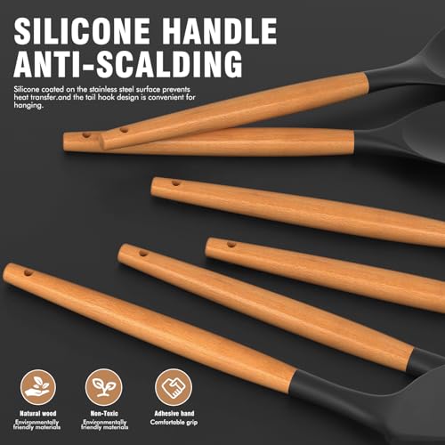 Silicone Cooking Utensils Set - AVGPD Silicone Kitchen Utensils for Cooking Wooden Handles, 446°F Heat Resistant Kitchen Utensil Spatula Sets, Gadgets for Non-Stick Cookware BPA FREE (Black) - color: Black