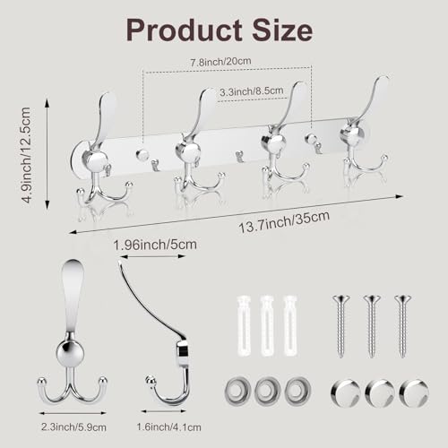 YUNISS Coat Rack Wall Mounted，4 Tri Stainless Steel Coat Hook for Coat Hat Robes Towel in Mudroom Entryway (Sliver, 2 Pack 4) - color: Sliver, size: 2 Pack 4