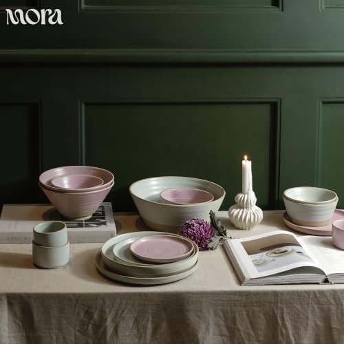 MORA Medium Plates Set of 4, 8.5 inch Ceramic Pottery Salad Plates - Microwave, Oven and Dishwasher Safe - Mist - color: Mist