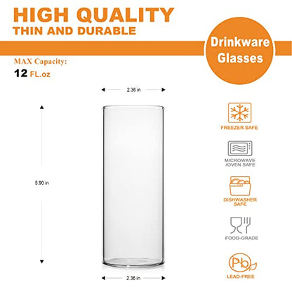 LUXU Drinking Glasses 12 oz,4pcThin Highball Glass,Clear Tall Beer Glass | Lead-Free Glassware,Clear Everyday Drinkware,Water Glasses,Mojito Glass Cups,Bar Glassware,and Mixed Drink Cocktail Glass Set - style: 12 OZ highball glass