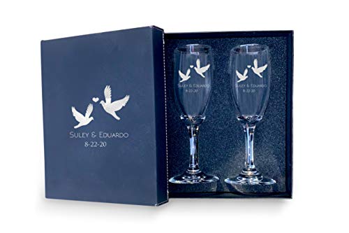 Bride Groom Names & Date Engraved Set of 2 Glasses With Box, Customized Wedding Toast Champagne Flute Set with Box, Wedding Toasting Glasses - Personalized Flutes - color: Wedding-12, style: Glasses + Gift Box