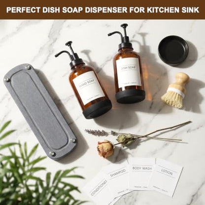Kitchen Soap Dispenser, 16.9 oz/500 ml Amber Soap Dispenser, Hand and Dish Soap Dispenser Set, Dish Brush, Refillable, for Daily Kitchen Cleaning