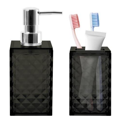 2 PCS Bathroom Accessory Set, Black Soap Dispenser and Toothbrush Holder | Black Bathroom Accessories Sets for Modern Bathroom Decor, Plastic Bathroom Sets - color: Black, size: 2 pcs